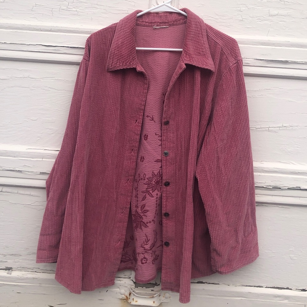Embroidered Pink Corduroy Shacket